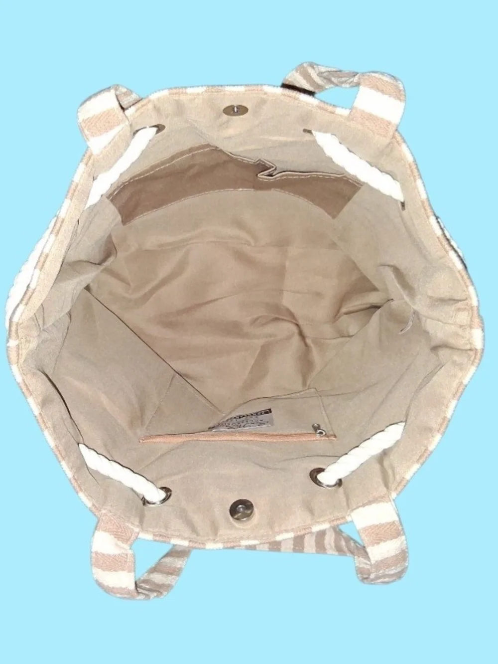 SUN and SAND Cream and Brown Stripe Tote Bag with Rope Closure Detail NWT